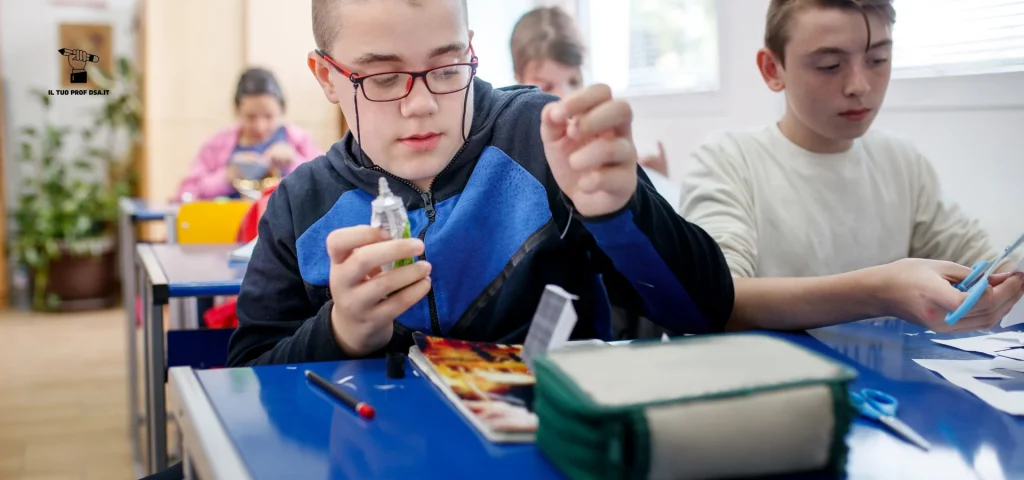 Studente in classe con occhiali e supporto visivo al collo mentre svolge un’attività manuale al banco, in un contesto scolastico legato ai disturbi specifici dell’apprendimento.